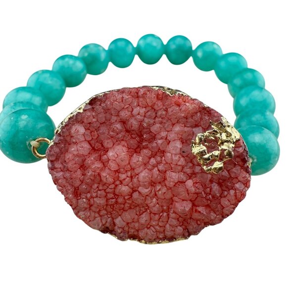 Amazonite Beaded Bracelet With Pink Druzy Statement Accent Adjustable Elastic De - Picture 1 of 7